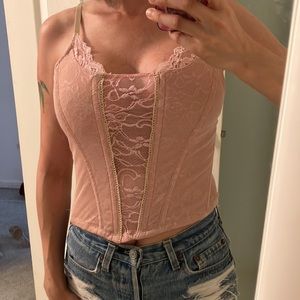 Vintage Y2K Nude Pink Lace Corset Bustier Top XS S